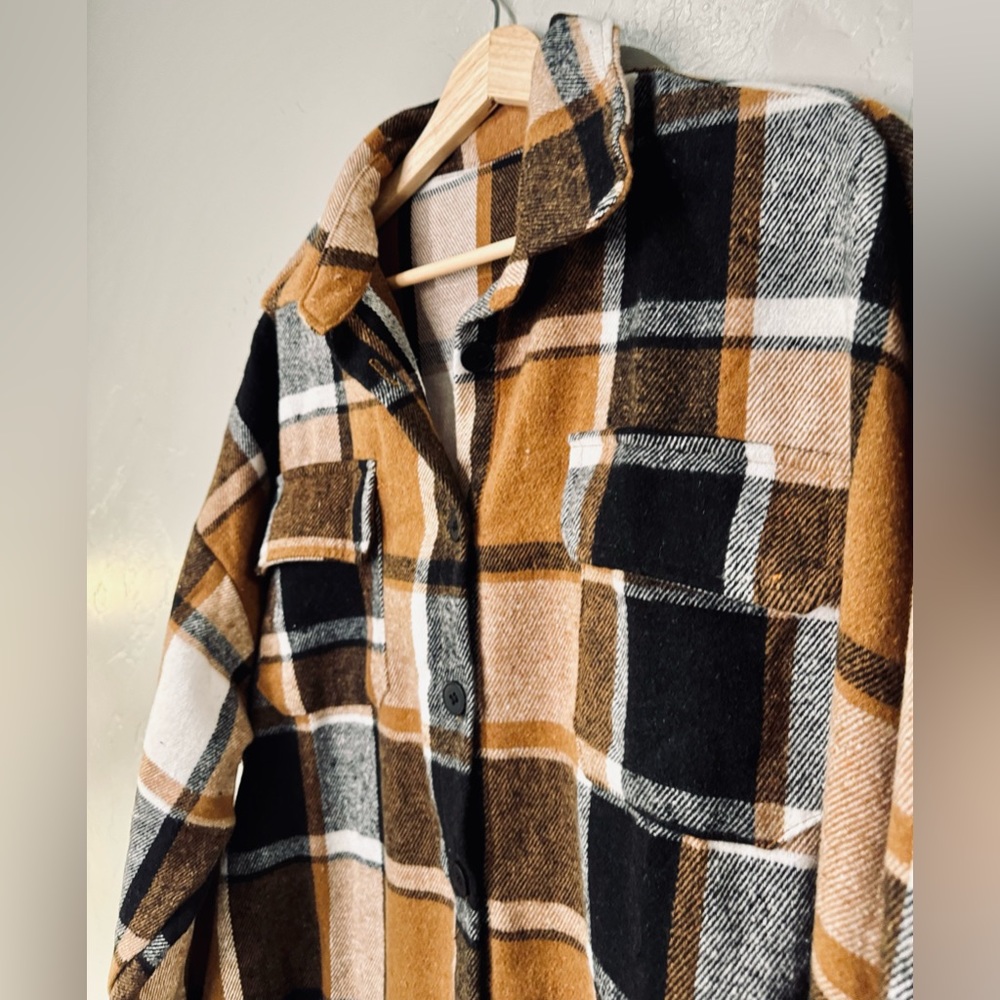 NWT Nine Britton Boyfriend Shacket Plaid Flannel Almond Brown Black SZ XL/XXL - Picture 8 of 16